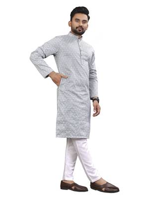 Grey lucknowi work silk straight kurta 3