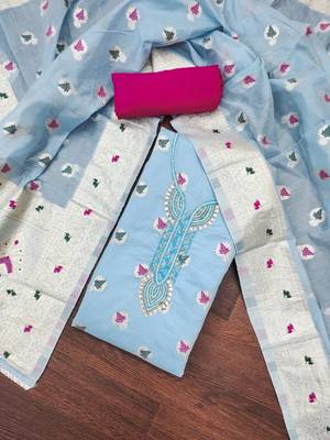 Blue Muslin Cotton Banarasi Unstitched Dress Material 1