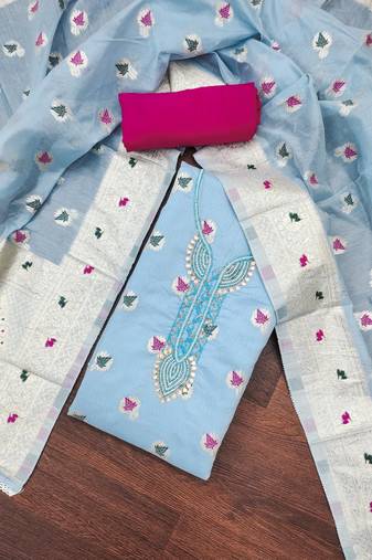 Blue Muslin Cotton Banarasi Unstitched Dress Material