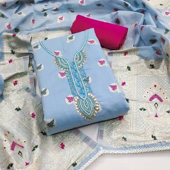 Blue Muslin Cotton Banarasi Unstitched Dress Material 2