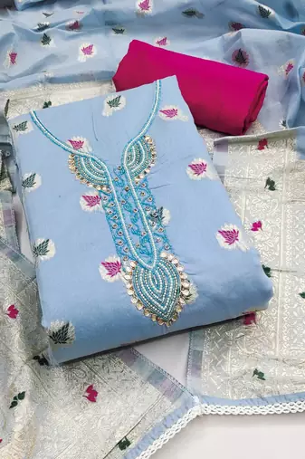 Blue Muslin Cotton Banarasi Unstitched Dress Material