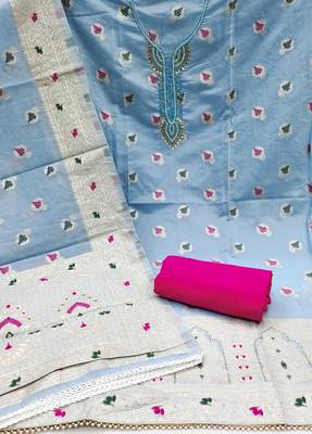 Blue Muslin Cotton Banarasi Unstitched Dress Material 3
