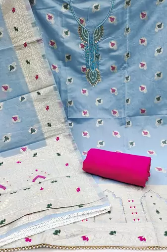 Blue Muslin Cotton Banarasi Unstitched Dress Material