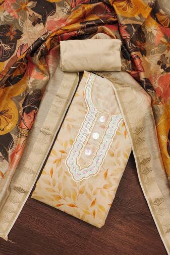 Beige Cotton Digital Printed Unstitched Dress Material