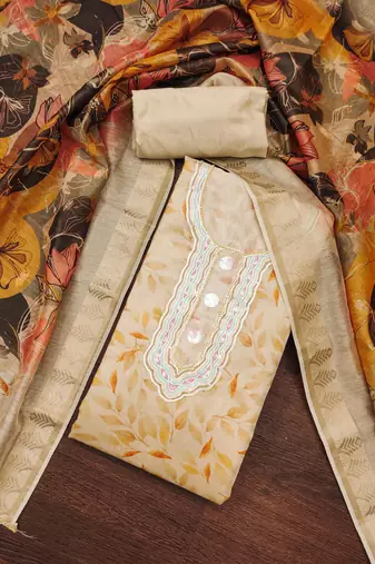 Beige Cotton Digital Printed Unstitched Dress Material