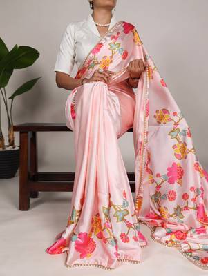 Women'S Softy Silk With Floral Print Saree And Blouse Piece 1
