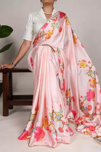 Women'S Softy Silk With Floral Print Saree And Blouse Piece
