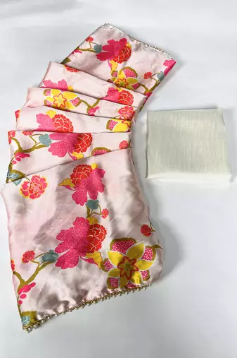 Women'S Softy Silk With Floral Print Saree And Blouse Piece