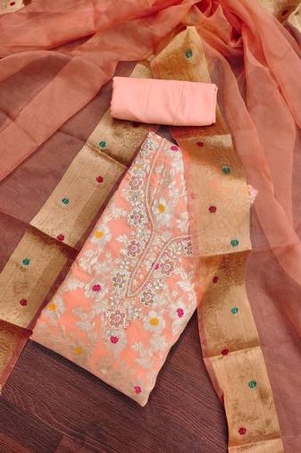 Peach Banarasi Unstitched Dress Material