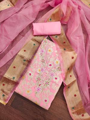 Pink Banarasi Unstitched Dress Material 1