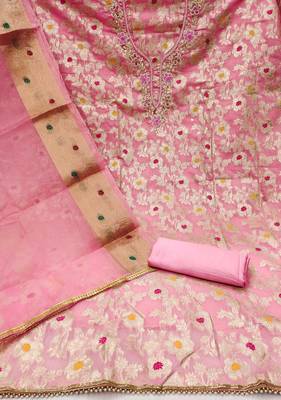 Pink Banarasi Unstitched Dress Material 3