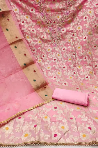 Pink Banarasi Unstitched Dress Material