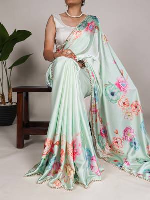 Women'S Softy Silk With Floral Print Saree And Blouse Piece 1