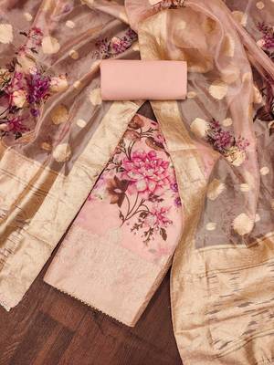 Peach Viscose Organza Unstitched Dress Material 1
