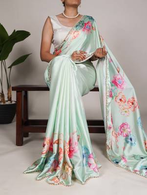 Women'S Softy Silk With Floral Print Saree And Blouse Piece 2