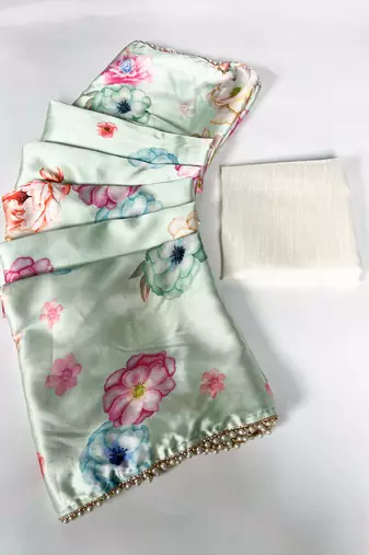 Women'S Softy Silk With Floral Print Saree And Blouse Piece