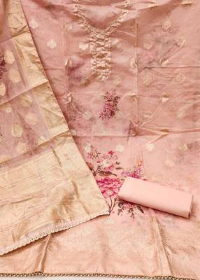 Peach Viscose Organza Unstitched Dress Material 3