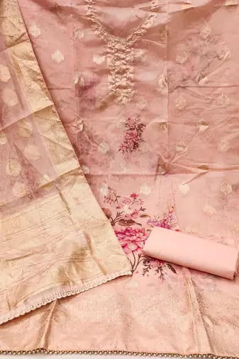 Peach Viscose Organza Unstitched Dress Material