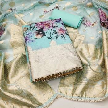 Sky Blue Viscose Organza Unstitched Dress Material 2