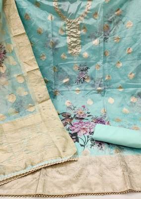 Sky Blue Viscose Organza Unstitched Dress Material 3