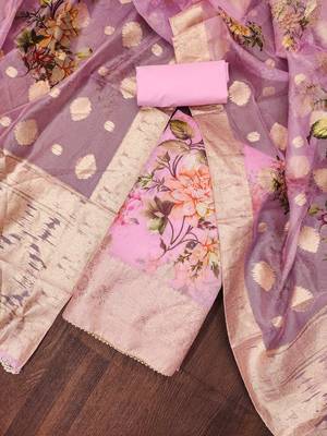 Pink Viscose Organza Unstitched Dress Material 1
