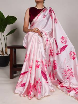Women'S Softy Silk With Floral Print Saree And Blouse Piece 1