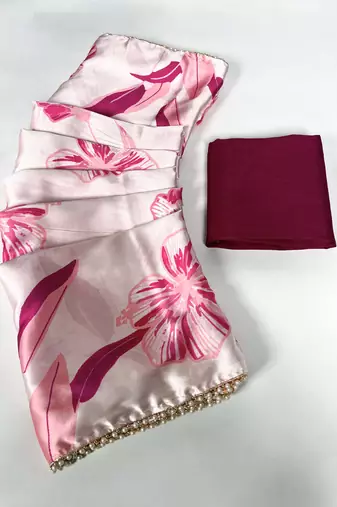 Women'S Softy Silk With Floral Print Saree And Blouse Piece