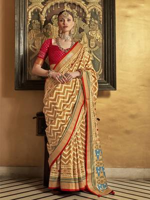 Elora Soft Silk Chevron Pattern With Foil Printed Patola Saree (Mustard) 1