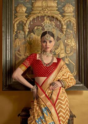 Elora Soft Silk Chevron Pattern With Foil Printed Patola Saree (Mustard) 2