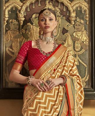 Elora Soft Silk Chevron Pattern With Foil Printed Patola Saree (Mustard) 3
