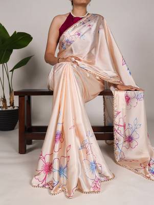 Women'S Softy Silk With Floral Print Saree And Blouse Piece 1