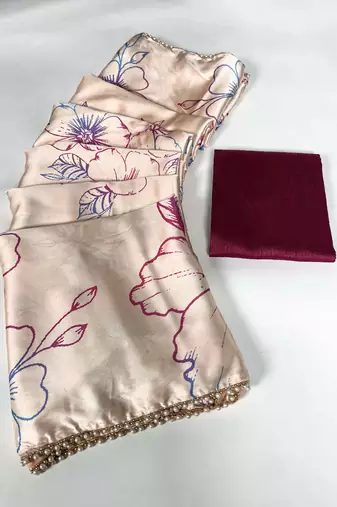 Women'S Softy Silk With Floral Print Saree And Blouse Piece