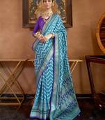 Elora Soft Silk Chevron Pattern With Foil Printed Patola Saree (Aqua Blue)