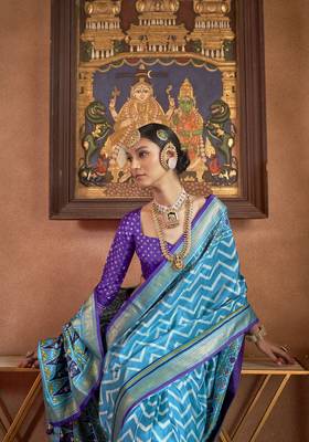 Elora Soft Silk Chevron Pattern With Foil Printed Patola Saree (Aqua Blue) 2