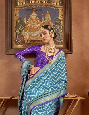 Elora Soft Silk Chevron Pattern With Foil Printed Patola Saree (Aqua Blue) 4
