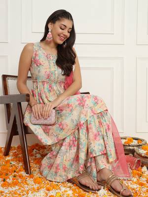Off- white and pink floral peplum kurta sharara set with dupatta 1