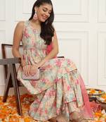 Off- white and pink floral peplum kurta sharara set with dupatta