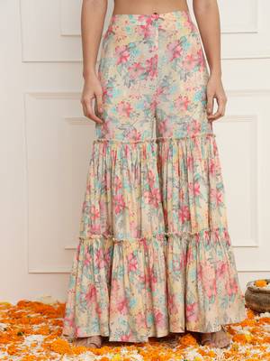 Off- white and pink floral peplum kurta sharara set with dupatta 3