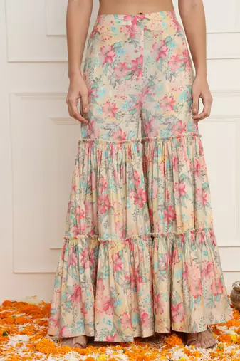 Off- white and pink floral peplum kurta sharara set with dupatta