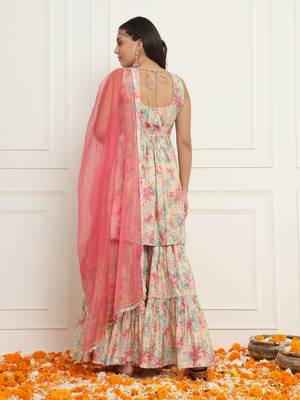 Off- white and pink floral peplum kurta sharara set with dupatta 4