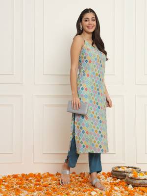 Sky blue silk indo-western straight kurta set 1