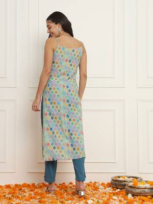 Sky blue silk indo-western straight kurta set 4