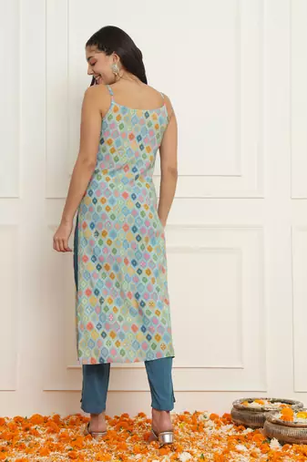 Sky blue silk indo-western straight kurta set