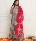 Grey floral anarkali suit set with dupatta