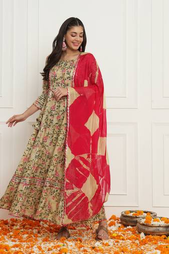 Beige floral anarkali suit set with dupatta