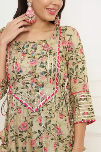 Beige floral anarkali suit set with dupatta