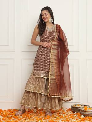 Women floral brown sharara set with dupatta 1