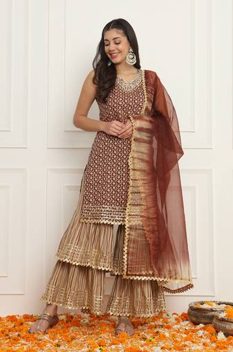 Women floral brown sharara set with dupatta