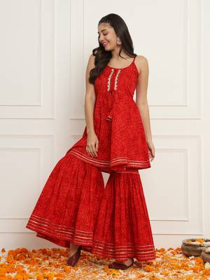 Red bandhani peplum top with sharara pants set 4