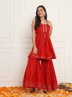 Red bandhani peplum top with sharara pants set 1